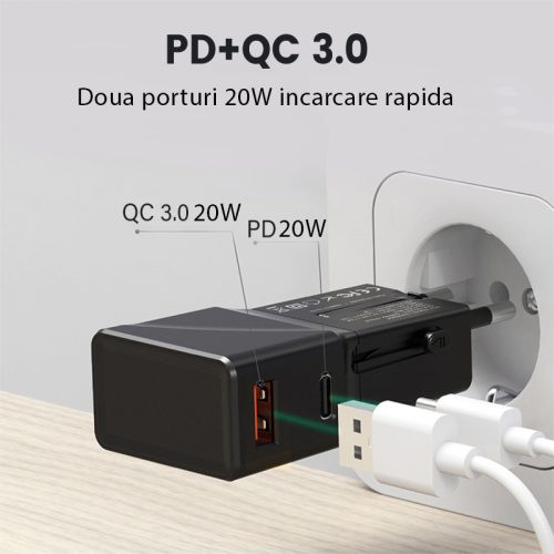 Adaptor Universal Compact Calatorii, Kubetron, 20W Incarcare Rapida, USB-A/USB-C 3A, Compatibil 200+ Tari, EU, UK, AU, US, Negru - imagine 6
