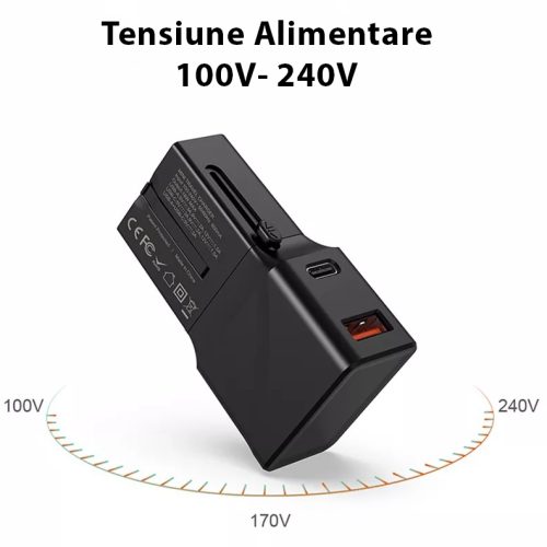 Adaptor Universal Compact Calatorii, Kubetron, 20W Incarcare Rapida, USB-A/USB-C 3A, Compatibil 200+ Tari, EU, UK, AU, US, Negru - imagine 4