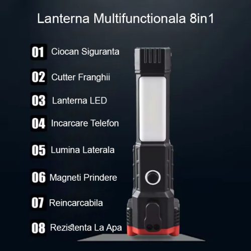 Lanterna tactica LED Multifunctionala 8in1 | Magnetica | Rezistenta la apa | 4 Moduri | Incarcare Telefon | Pentru Camping & Drumetii - imagine 2
